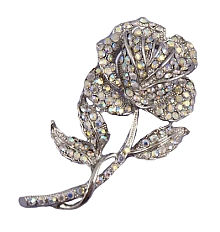 Vintage Style AB Diamante Rose Brooch on a Stem