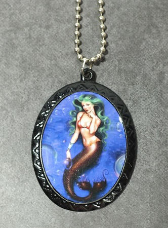 Pin Up Cameo Necklace - Green Haired Mermaid