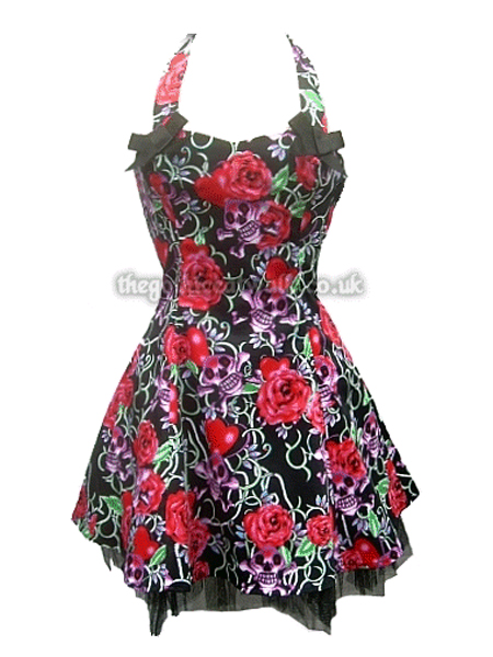 Skulls & Roses Tattoo Print Halter Necked Dress