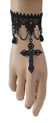 Elegant Black Lace Gothic Bracelet Cuff with Cross