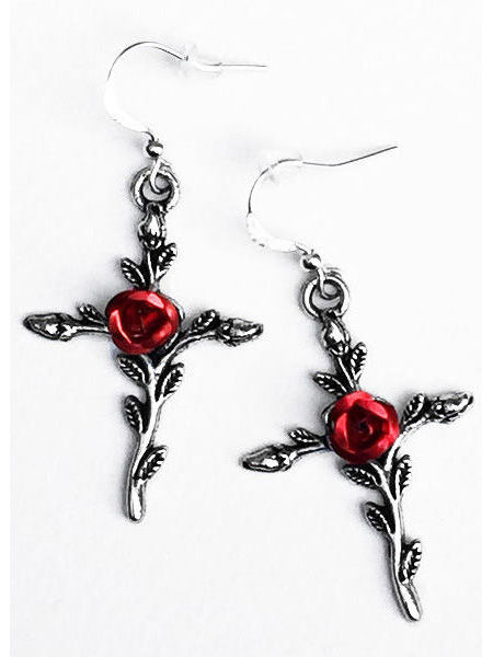 Silver Cross Gothic Victorian Earrings with Red Roses