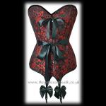 Red & Black Brocade Suspender Corset - Tie Waist
