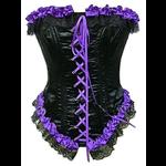 Gothic Burlesque Corset Black Satin with Purple Frill