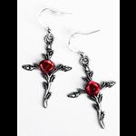 Silver Cross Gothic Victorian Earrings with Red Roses