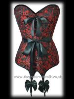 Red & Black Brocade Suspender Corset - Tie Waist