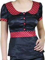 Black Satin Blouse with Red Polka Dot Trim