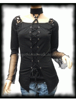 Gothic Punk Black T-Shirt Top with Corset Shoulders