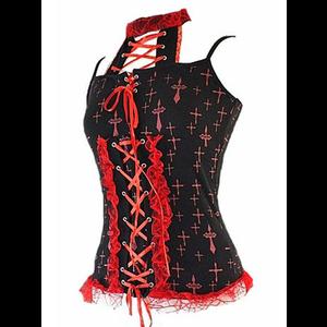 Black Gothic Punk Vest Top with Red Cross Design