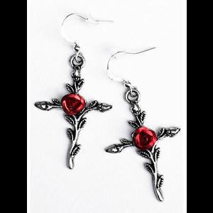 Silver Cross Gothic Victorian Earrings with Red Roses